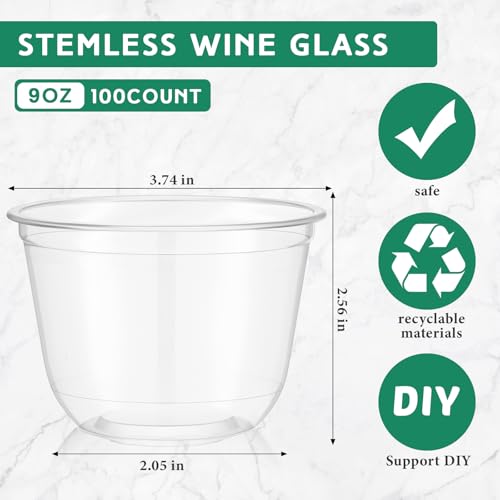 Ziliny 100 Pcs Plastic Stemless Wine Glasses Disposable Plastic Wine Glasses for Parties Weddings Birthdays Cocktail(Clea...