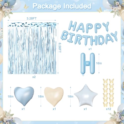 Blue Birthday Decorations, Dusty blue Sand White Confetti Foil Balloons Happy Birthday Banner Gold Butterfly Fringe Curtai...
