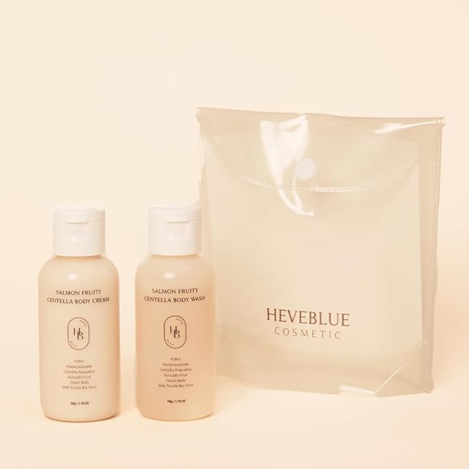 HEVEBLUE Salmon Fruity Centella Body Travel Kit - Body Cream & Body Wash Set, Sensitive Skin, Korean Bodycare, Hypoallergenic, Allergen-free, Salmon PDRN, Travel Size, Bodycare Set