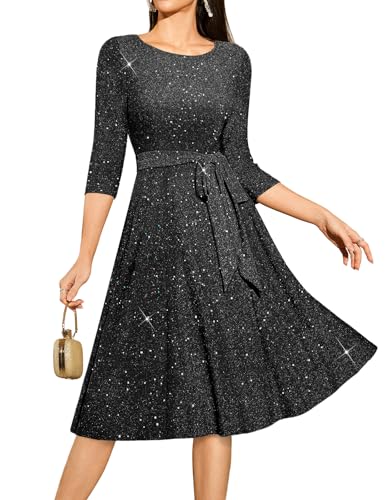 DRESSTELLS Sequin Cocktail Dresses for Women, Formal Wedding Guest 3/4 Sleeves Sparkly Evening Party Dress