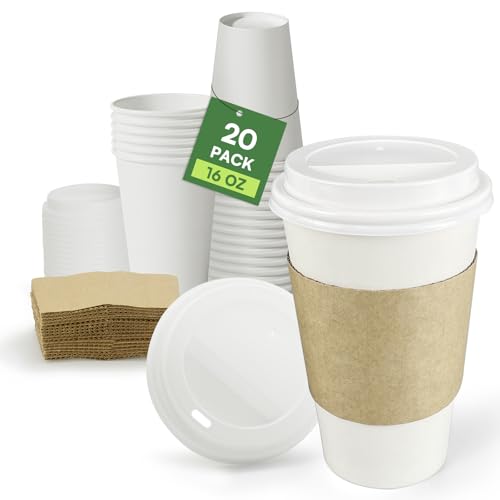 Paper Coffee Cups with Lids & Sleeves 16 oz Hot Cups, 20 Pack To Go Cups with Lids & Sleeves, BPA Free Unbleached Thickene...