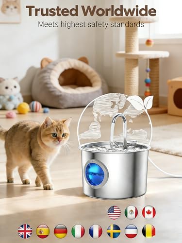 Cat Water Fountain Advanced 304 Stainless Steel 2.2L/74oz with Detachable Tank, Easy to Clean, Automatic Pet Fountain Quie...