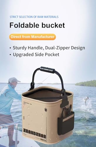 Collapsible Fishing Bucket 3.7 Gallon/14L - Portable Folding Live Bait Bucket with Aerator Pocket, Rope & Net for Live Fis...