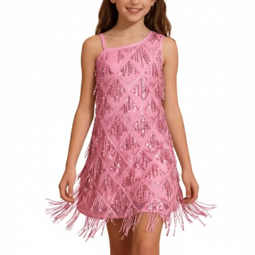 WELAKEN Girls One Shoulder Sequin Fringe Flapper Dress with Side Zipper
