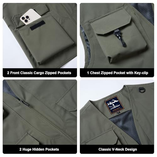 HYCOPROT Men’s Outdoor Fishing Vest, Lightweight Waterproof Sleeveless Utility Cargo Jacket for Hiking Hunting