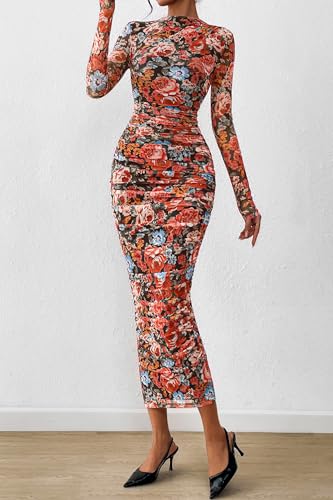 PRETTYGARDEN Womens Long Sleeve Maxi Dresses 2026 Spring Ruched Bodycon Floral Mesh Formal Wedding Guest Cocktail Party Dress