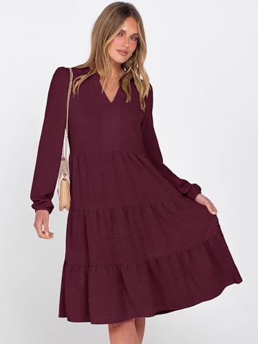 ANRABESS Womens Fall Midi Dresses Long Sleeve V Neck Swing Tiered Work Business Casual 2026 Flowy Beach Vacation Dress