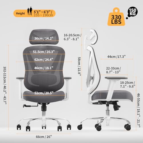 HOLLUDLE Ergonomic Mesh Office Chair - 3D Adjustable Lumbar Support & 3D Armrests, V-Shaped Back, Adjustable Desk Chair fo...