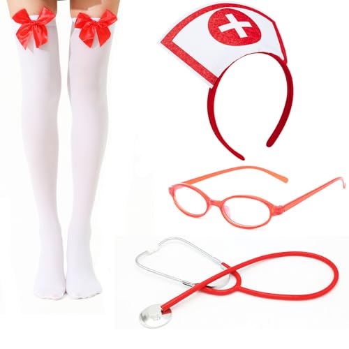 YosiMing Nurse Costume Accessories Halloween Women Red Nurse Hat Headband Glasses Stethoscope High Sock for Halloween Cosp...