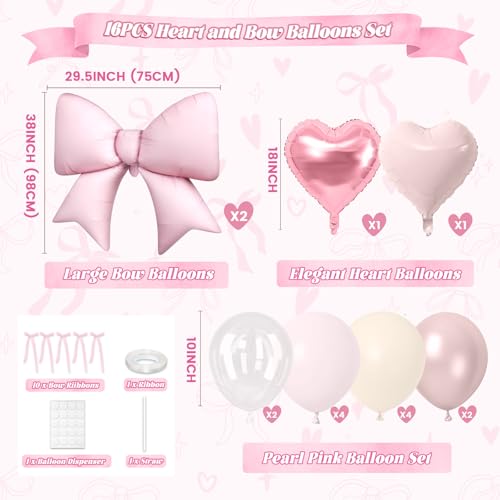 16Pcs Pink Heart Balloons, 38 Inch Bow Balloons, Double Stuffed Pearl Pink Clear Balloon and Bow Heart Shaped Foil Balloon...