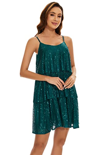 FANSI NOVA Women's Glitter Sequin Dress Adjustable Spaghetti Strap V Neck Fashion Sparkle Layered Evening Party Dress