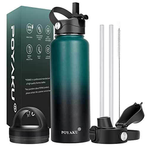 Water Bottle Insulated 32oz 40oz 64oz 128oz Straw Lid Spout Lid & 3 Lids, Leak Proof, Vacuum Insulated,Stainless Steel Wat...