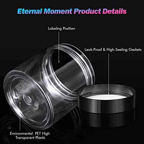 50 Pack 4 OZ Plastic Jars Round Clear Cosmetic Container with Black Lids, Eternal Moment Slime Jars for Lotion, Cream, Ointments, Makeup, Eye shadow, Rhinestone, Samples, Pot, Travel Storage