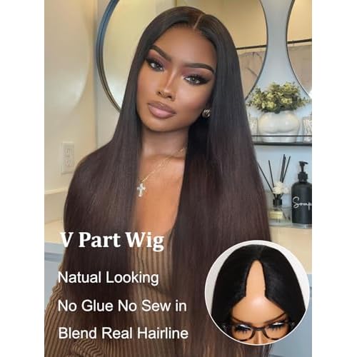 YIROO V Part Wig Human Hair No Leave Out Ombre Chestnut Brown Yaki Straight Glueless Human Hair Wig Upgrade U Part Wigs for Women V Shape Clip in Half Wig No Glue No Sew in Beginner Wig 16inch