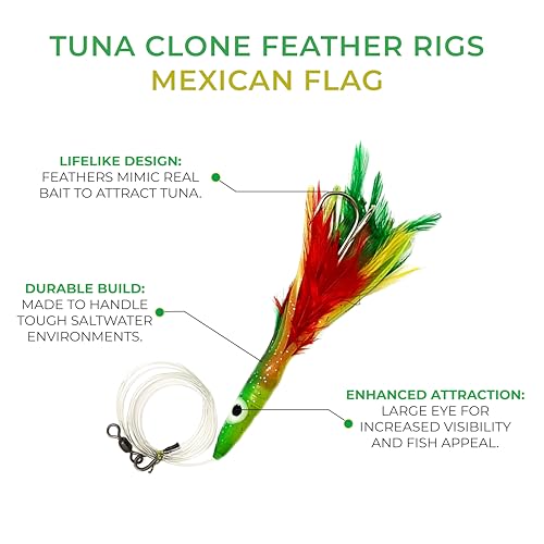 6" Tuna Clone Feather Rigs, 6 Pcs Mexican Flag Color, for Offshore Saltwater Trolling, Skirted Feather Lures, Ideal for Bi...