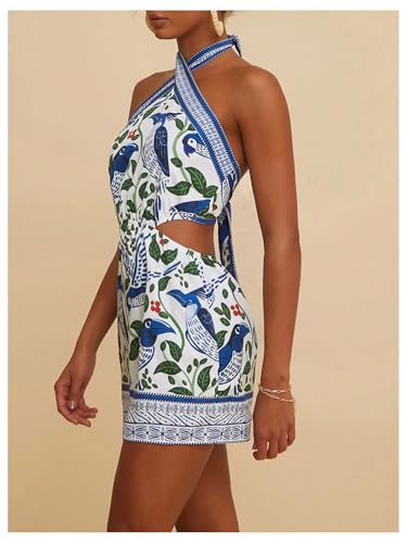MakeMeChic Women's Boho Mini Dress Summer Beach Vacation Halter Dresses Floral Sundress