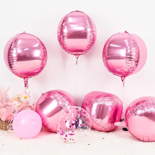 6Pcs Pink Round Foil Balloons,Giant 4D Round Ball Balloons,22 Inch Metallic Pink Balloon for Birthday Wedding Graduation P...