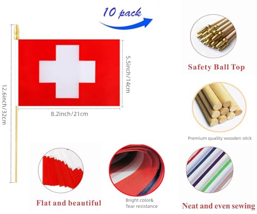 10 Pack Switzerland Flags -CH Handheld Flag- 5x8 in,Swiss Mini Flag. Suitable For Party Decorations, Store Displays, Bar D...