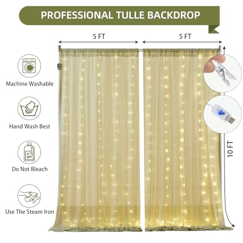 10x10FT Green Wrinkle Free Backdrop Curtains with Lights String for Parties - Photo Curtain Backdrop with Lights for Weddi...