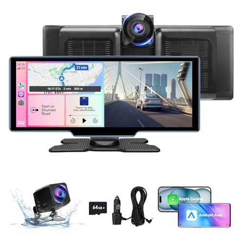 Wireless Carplay Screen for Car 1080p Backup Camera, 10.26" Portable Car Play & Android Auto Touch Screen with 4K Dash Ca...
