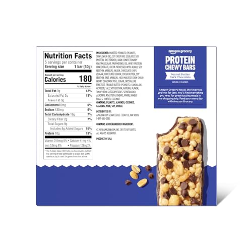 Amazon Grocery, Protein Chewy Bars, Peanut Butter Dark Chocolate Flavor, 7.1 Oz, 5 Ct (Previously Happy Belly, Packaging M...