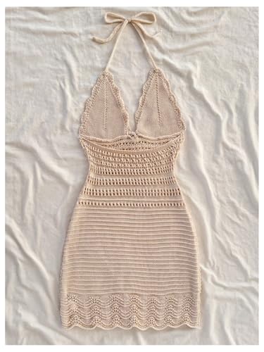 GORGLITTER Women's Crochet Halter Mini Dress Sundress Bow Tie Backless Bodycon Knit Dresses Summer Vacation Beach Outfits