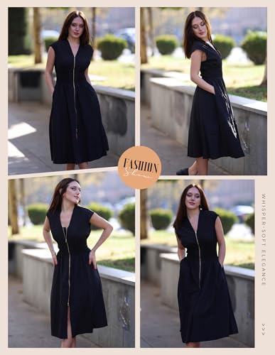 GRACE KARIN Womens Summer Casual Dress, Business Office Work Dresses, Cap Sleeve Zipper Front Flowy Midi Dress with Pockets
