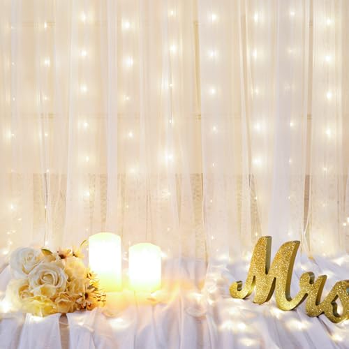 10x10ft White Tulle Backdrop Curtain with Lights String for Parties Wedding Twinkle Sheer Backdrop Curtains for Bridal Sho...