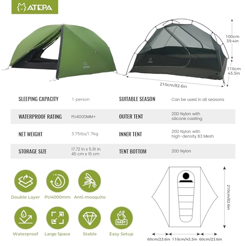 ATEPA Voyage 1-2 Person Backpacking Tent, 4 Season Ultralight Compact Tent, 4000mm Waterproof 20D Nylon Rainfly & Aluminum...