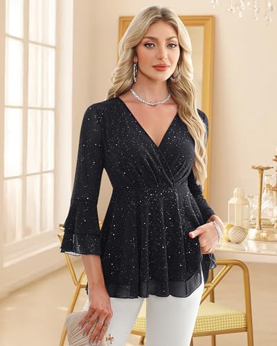 Lotusmile Women's Dressy Blouses Ruffle 3/4 Sleeve Peplum Sparkly Tops