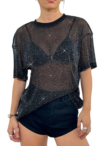 OYOANGLE Women's Sparkle Glitter Sheer See Through Top Short Sleeve Loose Casual Shiny Tshirt Mesh Shirt Blouse