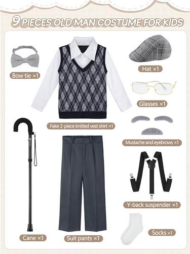 FancyFun 9 Pcs 100 Days of School Costume for Boys Old Man Costume for Kids Grandpa Dress Up Outfits Set