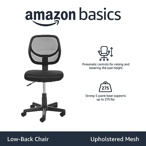 Amazon Basics Rolling Desk Chair, Adjustable, Low Back, Padded Seat, Breathable Mesh, Swivel, Black, 21.25" D x 22.5" W x ...