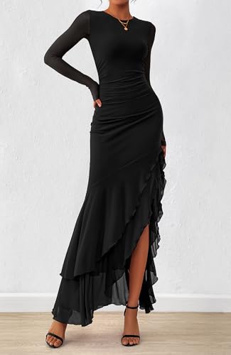 BTFBM Women's Maxi Dresses Spring 2026 Long Sleeve Ruched Bodycon Solid Ruffle Mermaid Cocktail Wedding Guest Dress