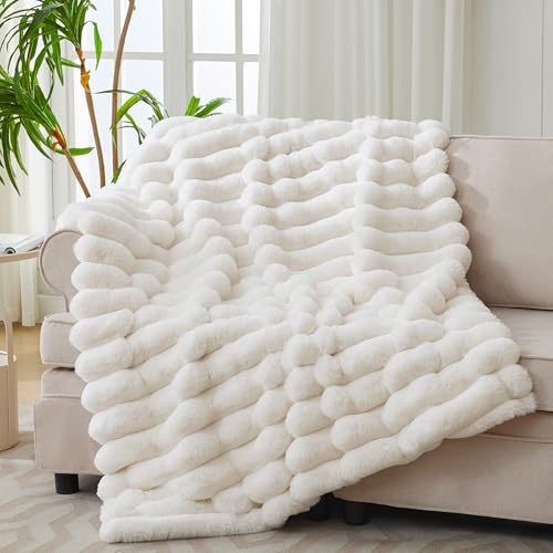 VFROO Faux Fur Throw Blanket for Couch,Cozy Soft Plush Thick Striped Luxury Blanket for Sofa Living Room Bedroom,50 * 60 I...