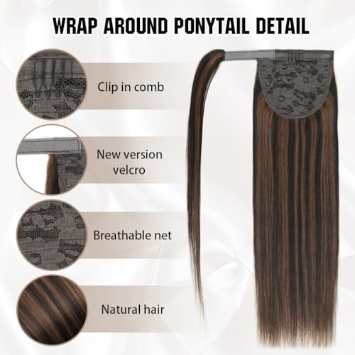 Ponytail Extension Human Hair 18 Inch Dark Brown to Chestnut Brown Silky Straight Clip in Hair Extensions Wrap Around Ponytail Hair Piece for Girls(18 inch Dark Brown to Chestnut Brown #2P6 85G)