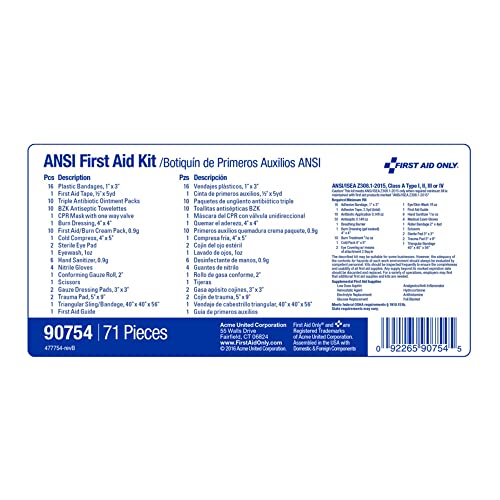 First Aid Only 90754 Bulk ANSI A 10-Person Emergency First Aid Kit for Home, Work, and Travel, 71 Pieces