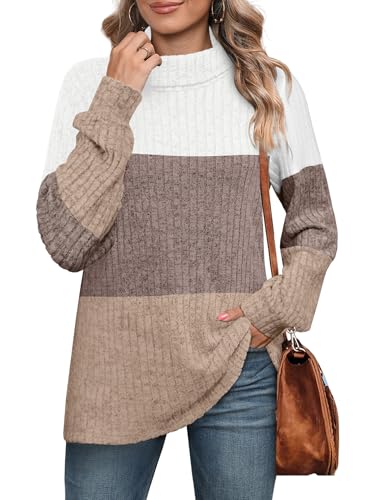 OFEEFAN Turtlenecks Tops for Women Oversized Sweaters Fall Outfits 2025 Plus Size Clothes Long Sleeve Shirts Color Block