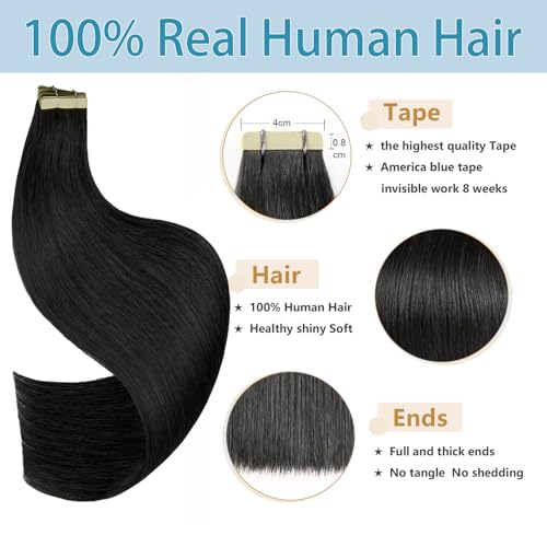 Tape in Hair Extensions Human Hair 24Inch Natural Black Color 20Pcs 50G/Pack Straight Seamless Weft Skin Invisible Thick 100% Real Black Human Hair Tape In Extensions
