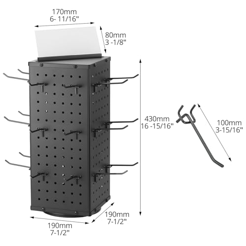 QWORK Rotating Pegboard Display Stand with 24 Hooks - 4-Sided Metal Spinning Peg Board Display