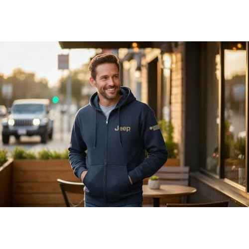 Jeep Freedom To Roam Full-Zip Hoodie Hooded Midweight Sweatshirt - Heather Navy Blue