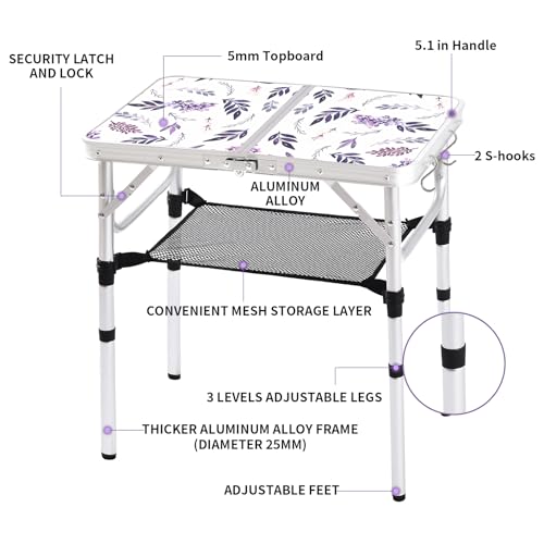 Yriuat Folding Camping Table 2ft Portable Pinic Table Adjustable Height Small Card Table Aluminum Foldable Lightweight wit...