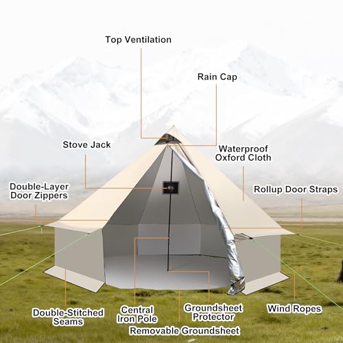 Spacious 4 Person Yurt Tent with Stove Jack, 4-Season Glamping Bell Tent, Waterproof 210D Oxford Cloth, for Family Camping...