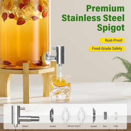 VOVUVK 1.2 Gallon Glass Drink Dispenser For Parties, Beverage Dispenser With Bamboo Wood Stand And Stainless Steel Spigot,...