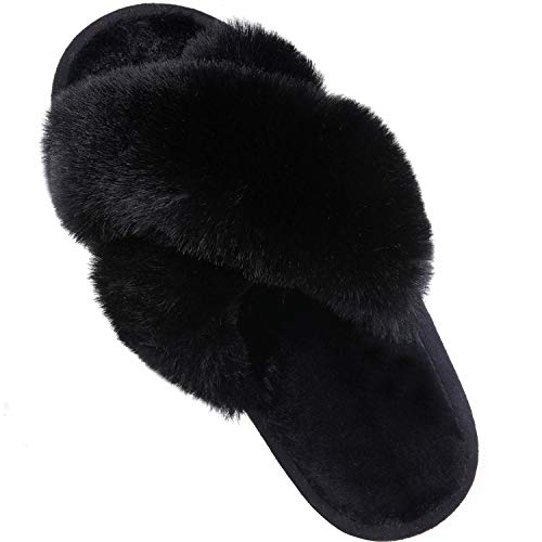 Comwarm Women's Cross Band Fuzzy Slippers Fluffy Open Toe House Slippers Cozy Plush Bedroom Shoes Indoor Outdoor