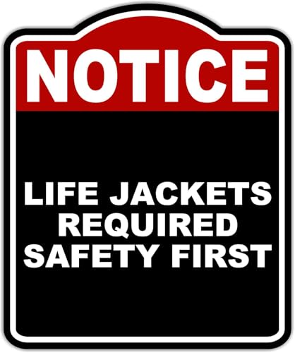 LIFE JACKETS REQUIRED SAFETY FIRST Notice Red Black Aluminum Composite Sign 20 x 24 inches