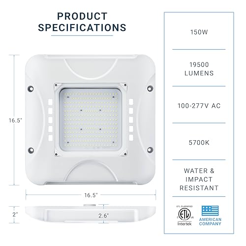 Parmida LED Canopy Light, 150W, 0-10V Dimmable, 100-277VAC, IP65 Waterproof, ETL, Shop Light, 5700K, 16.5" x 16.5", Gas St...