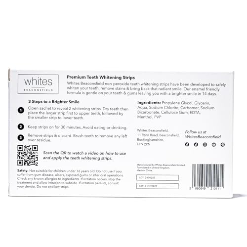 Whites Beaconsfield Teeth Whitening Strips, 28 Strips (14-Day Treatment) – Non-Peroxide Formula, Enamel-Safe, Brighten Teeth Fast, Removes Coffee, Wine, Smoke Stains, Safe for Sensitive Teeth