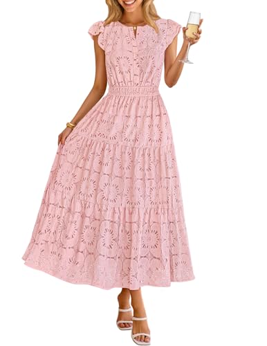 MEROKEETY Women's Summer Lace Eyelet Maxi Dress 2026 Spring Casual Boho Flutter Sleeve Tiered Flowy Beach Vacation Dresses