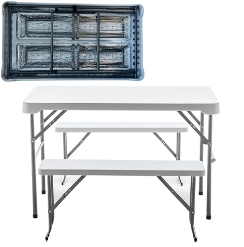 BTEXPERT 3-Piece Set Plastic Portable Folding Beer Picnic Table & Two Benches Seats Foldable Heavy Duty White for Party RV...